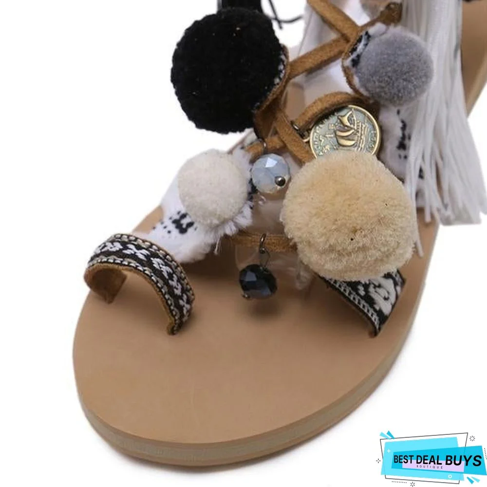 Bohemia Style Fringed Pompoms Gladiator Sandals Cross Strap Tie Up Flats Sandals