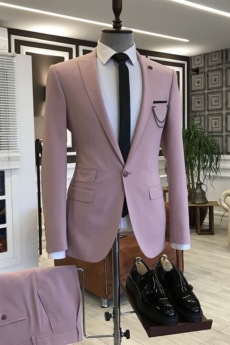 Dresseswow Chic Pink Wedding Men's Suits Peaked Lapel With 3 Flaps
