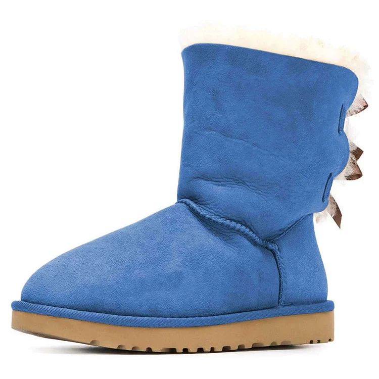 Blue Vegan Suede Flat Winter Boots with Bow |FSJ Shoes
