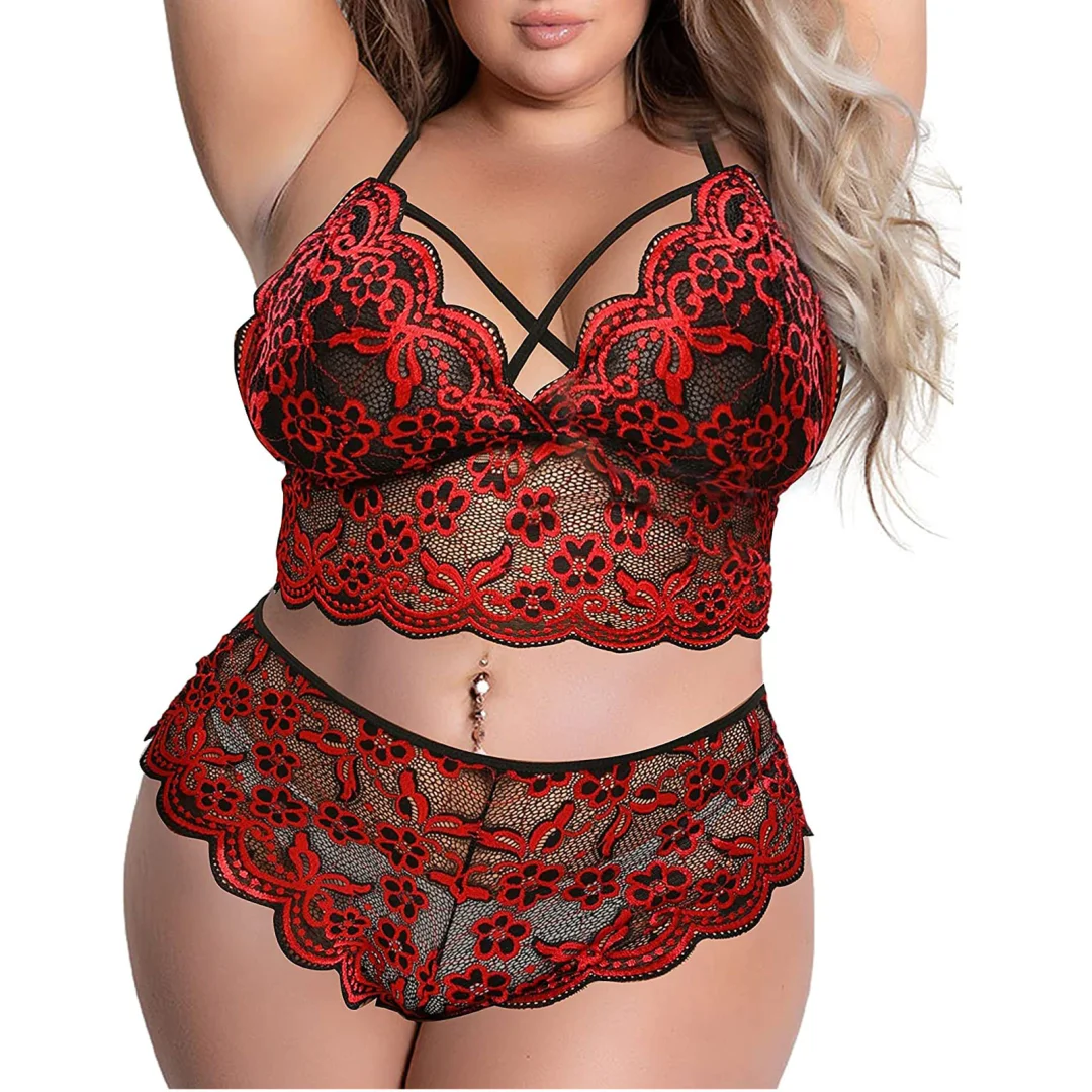 Billionm Women Plus Size Sexy Lingerie Set Hollow Out Lace Perspective Bra And Briefs Underwear Set Lenceria Sensual Mujer Exotic Costume