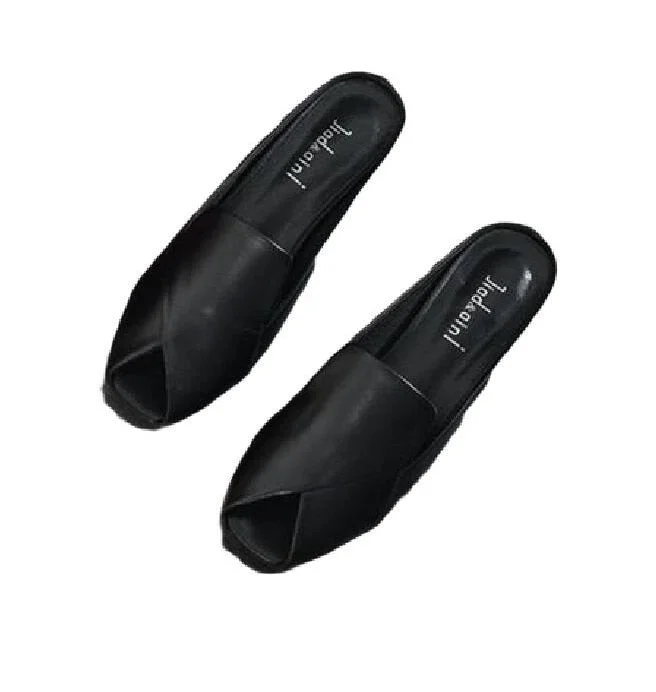 Women Slippers 2022 New Summer Fashion Peep-toe Sexy Shoes Med Heels Chunky Designer Slides PU Leather Sandals Party Flip Flops