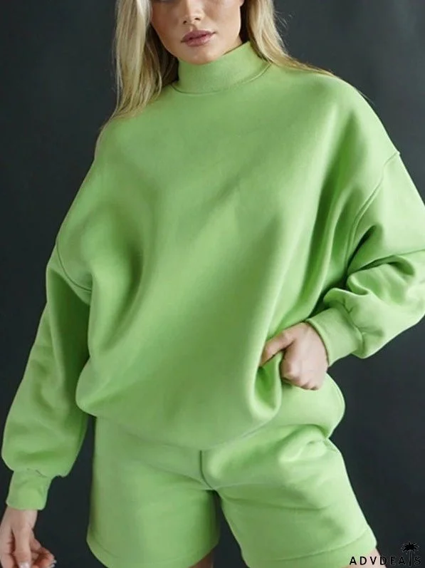 Women's Sets Turtleneck Long Sleeve Top & Shorts Two-Piece Set