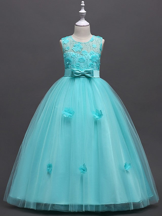 Oknass Princess Ball Gown Sleeveless Jewel Neck Flower Girl Dresses Tulle With Sash Ribbon Bow Appliques