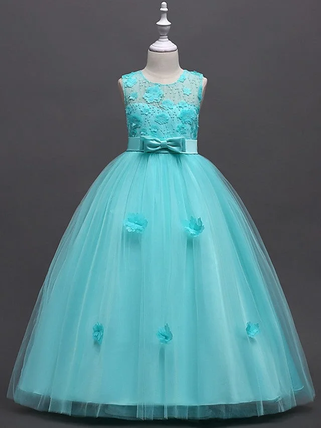Daisda Princess Ball Gown Sleeveless Jewel Neck Flower Girl Dresses Tulle With Sash Ribbon Bow Appliques
