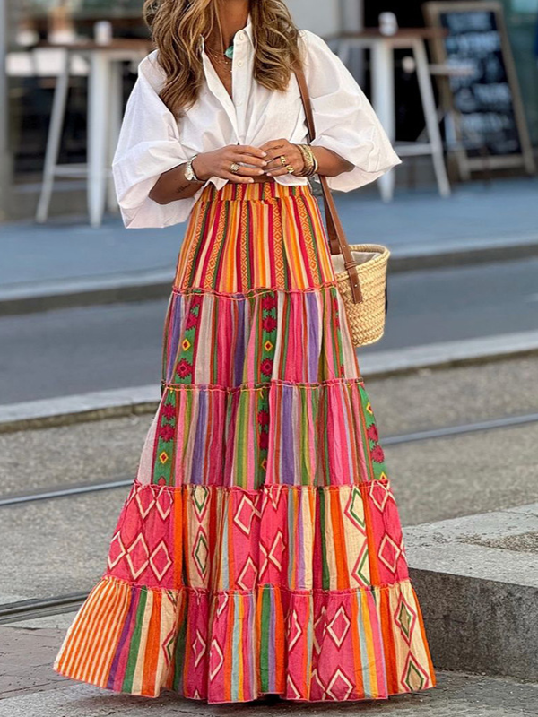 Women's 2024 Beach Skirt Ethnic Print Drawstring Elastic Waist Maxi Skirt