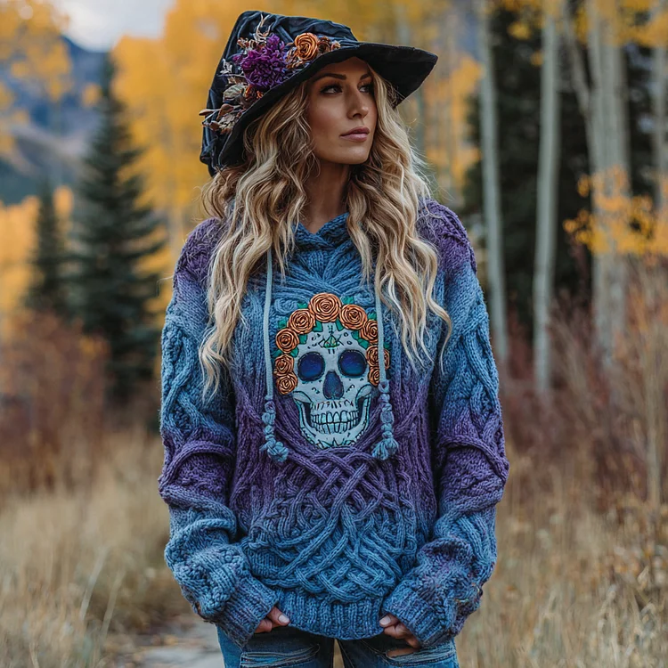 Women's Vintage Viking Tribal Jacquard Celtic With Rose And Skull Inspired Chunky Knit Hooded Sweater
