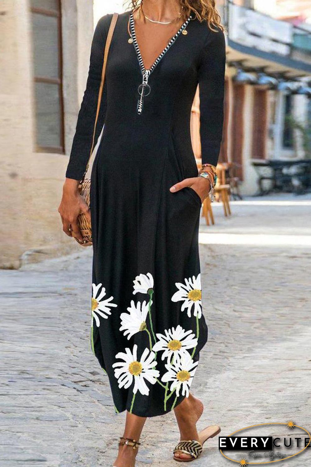 Zipper Floral Print Long Sleeve Dress