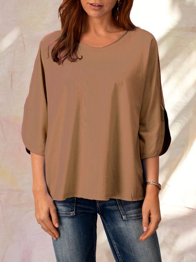 Apricot Solid Casual Cotton V Neck Shirts T-shirts