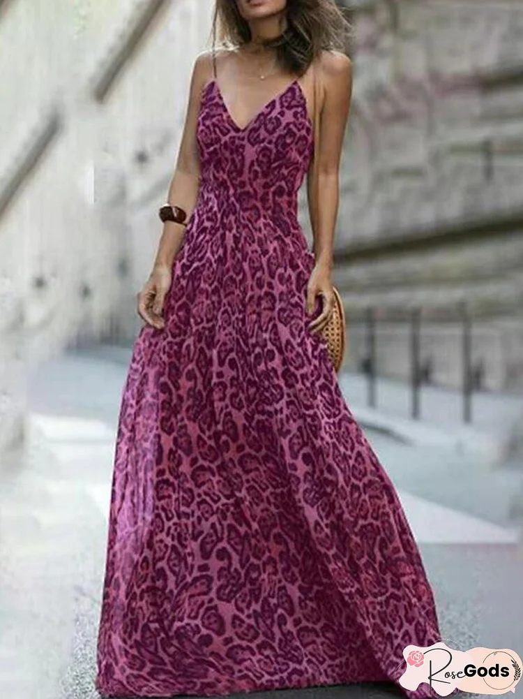 Women Summer Sling Retro Leopard Print Robe Dress Sexy V-Neck Sleeveless Slim Mopping Evening Dress Casual Street Hem Long Dress