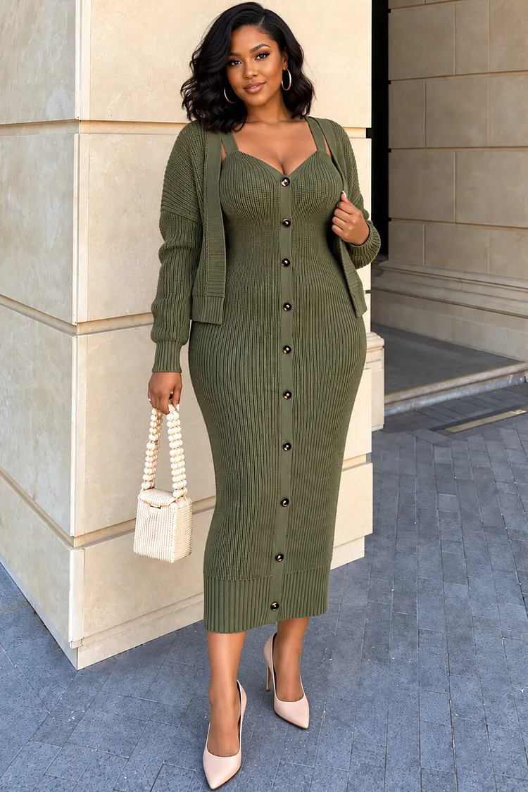 Xpluswear Design Plus Size Daily Army Green Long Sleeve Crochet Two Piece Dress Set [Pre-Order] 2024 - Xpluswear