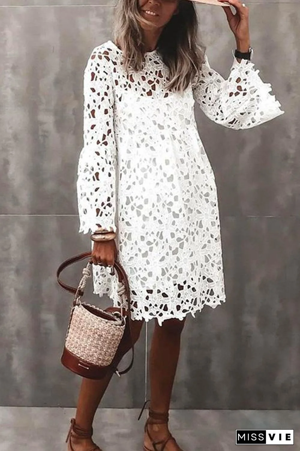 Bell Sleeve Hollow Out Lace Ruffle Dress