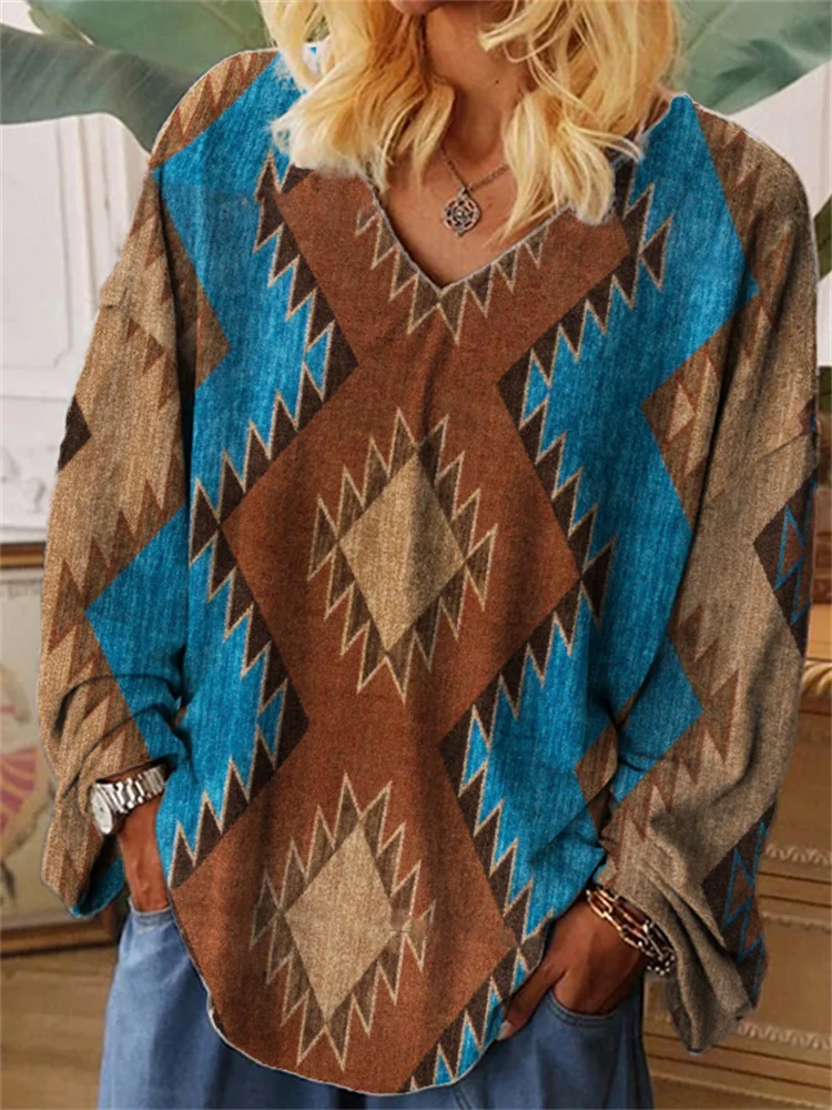 Western Colorblock Aztec Pattern Oversize T Shirt