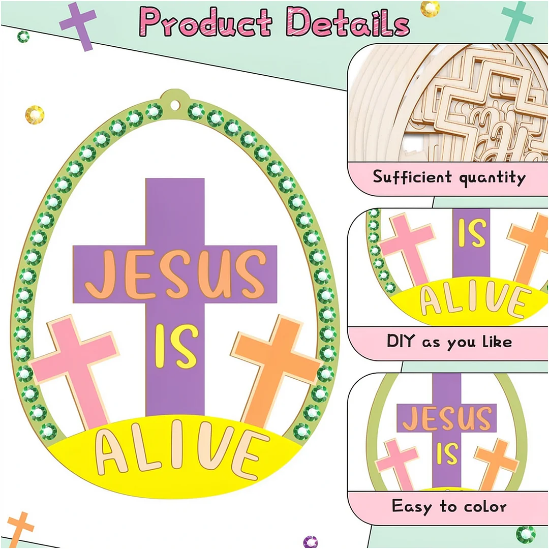 10Pcs Easter Cross DIY Unfinished Graffiti Wooden Pendant Wood Graffiti Crafts Hanging Ornaments for Living Room Office Party Decoration
