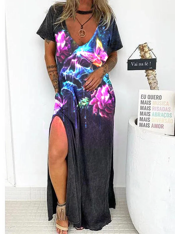 V-NECK PRINTED PUNK LOOSE SLIT DRESS