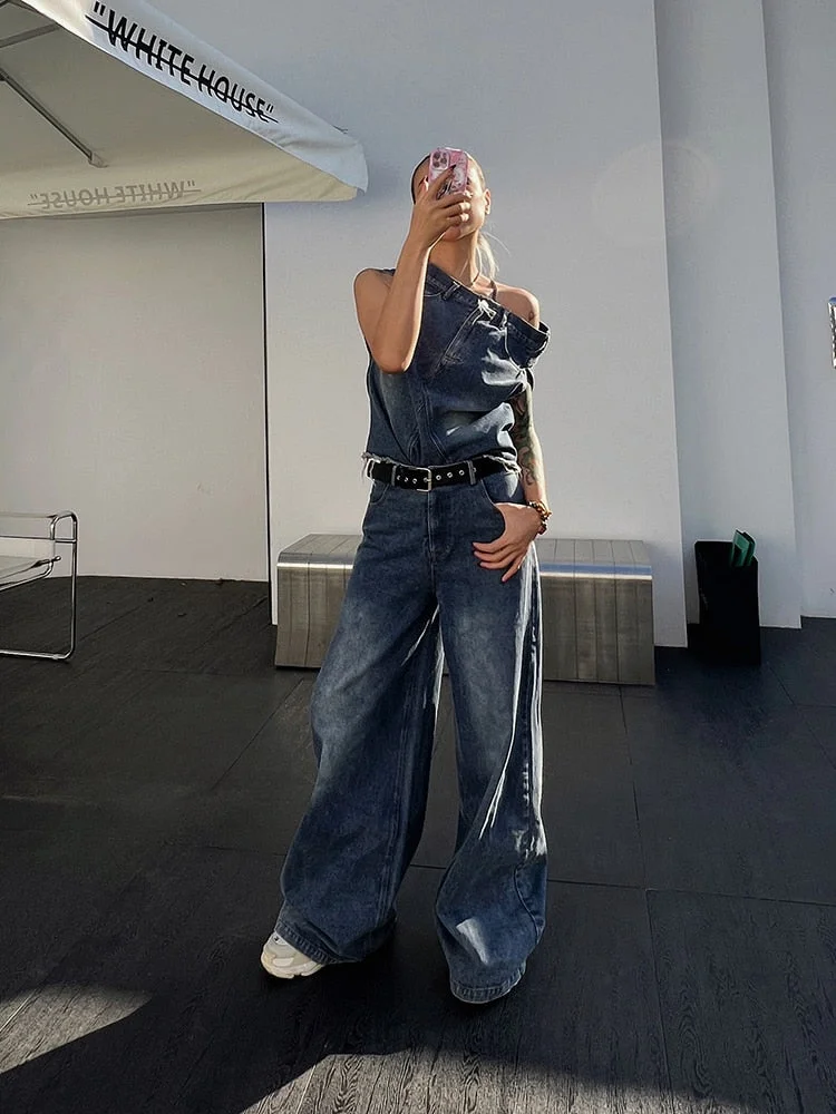 Oocharger Denim Two Piece Sets For Women Slash Neck Sleeveless Tops High Waist Spliced Button Wide Leg Pants Solid Set Female