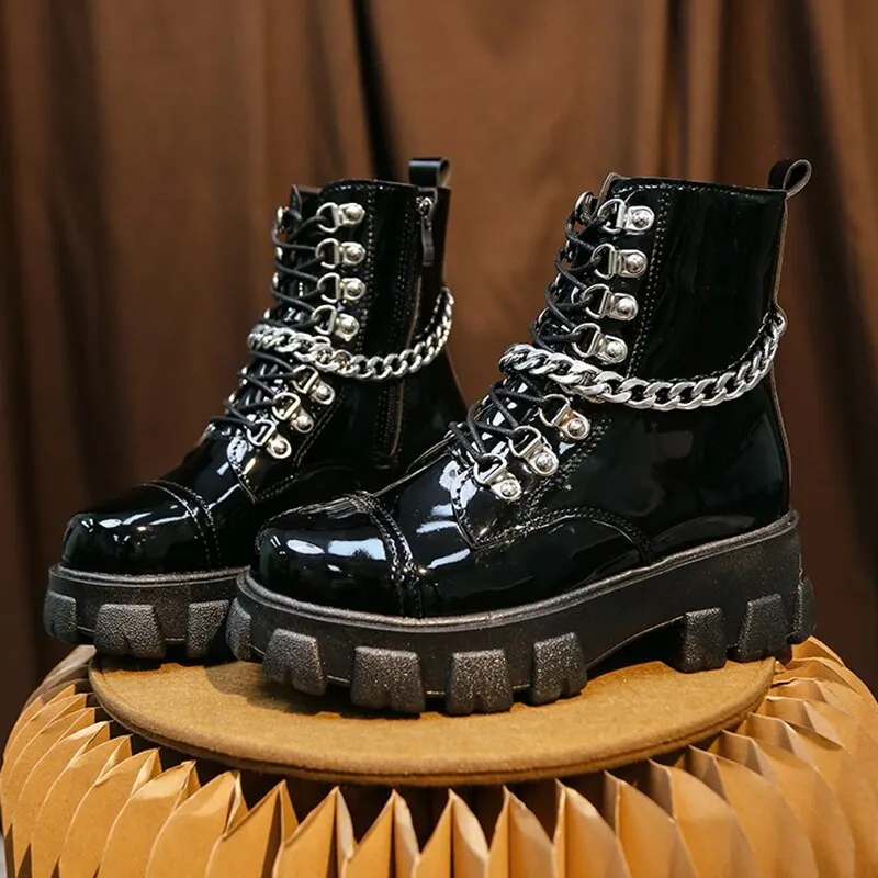 Lucyever Fashion Metal Chain Platform Women Boots 2020 Punk Rivet Patent Leather Ankle Boots Woman Gothic Black Heels Shoes