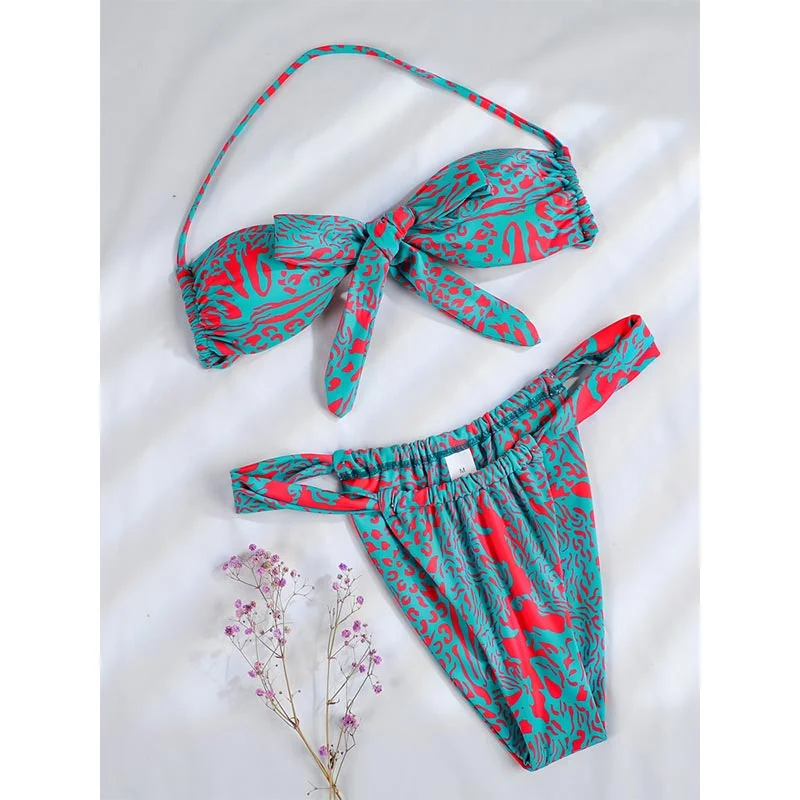 Bikinis 2022 Sexy Floral Swimsuit Woman Green Color Swimwear Micro Thong High Cut Bikini Set Strapless Biquini Bathing Suits