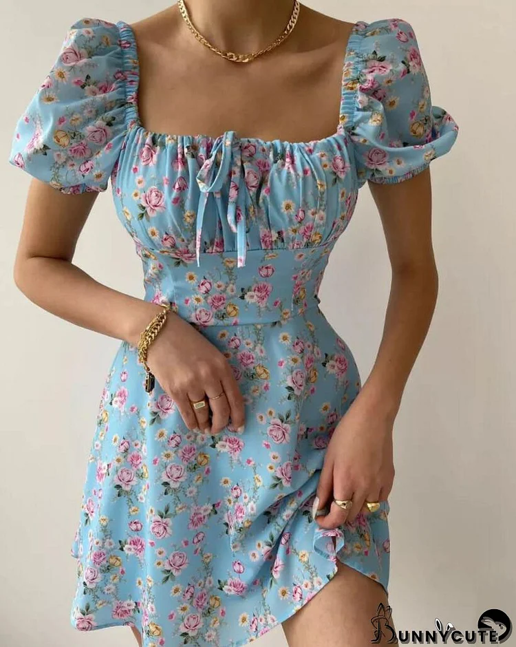 Women's Summer Fashion Puff Sleeve Floral A-Line Summer Female Dress