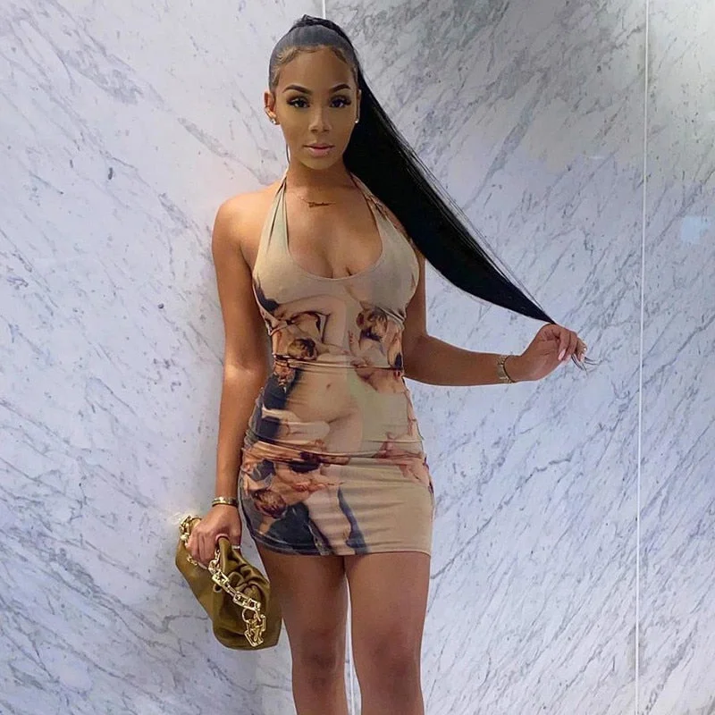 Hawthaw Women Summer Halter V Neck Sleeveless Printed Bodycon Party Mini Dress 2021 Female Clothing Streetwear Wholesale Items