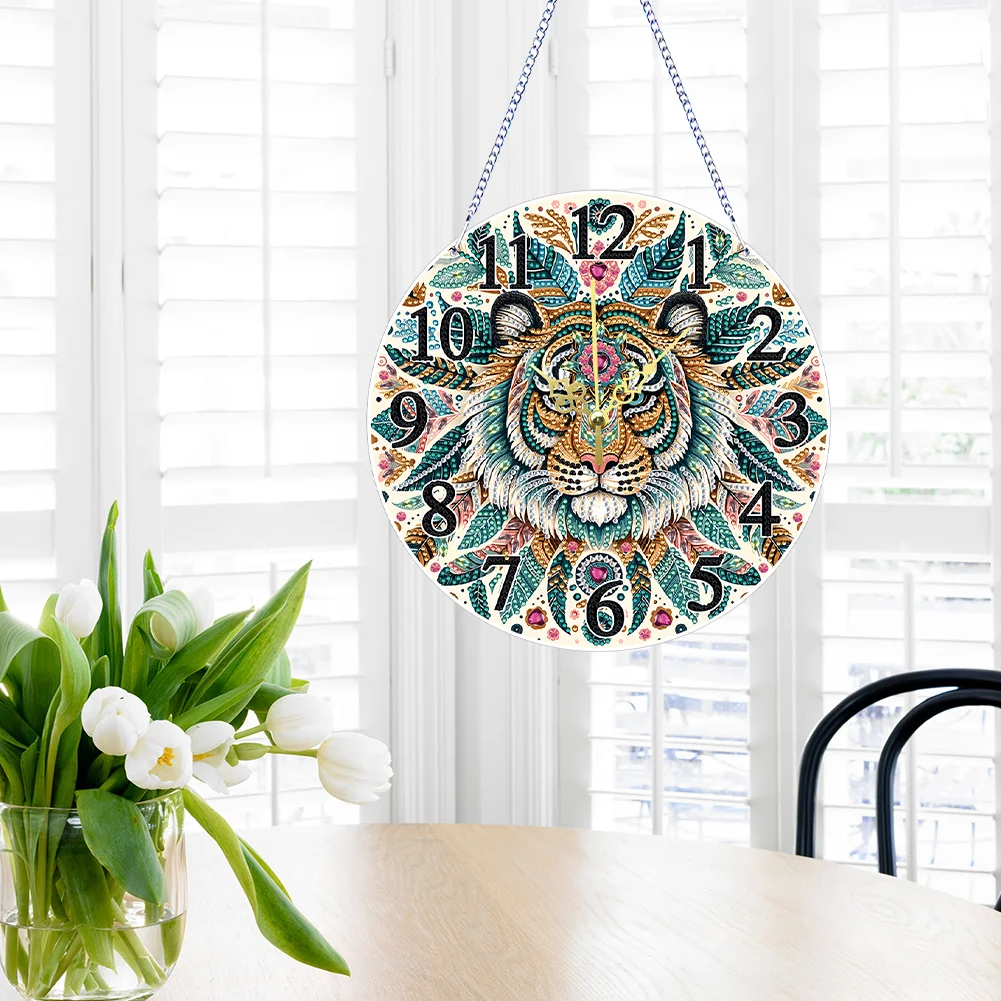 DIY Mandala Tiger Acrylic Special Shaped 5D Diamond Painting Hanging Clock Art Craft