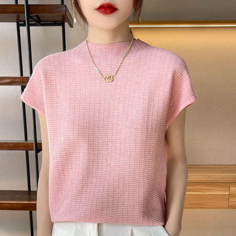 Churchf Churchf T-Shirt Women 2024 Spring Summer New Women's Half Sleeve Loose Show Thin Round Neck Knit Bottom Shirt Jacket Women