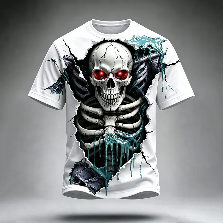 Men's Halloween Retro Skull Print Dark Crew Neck Short Sleeve T-shirt