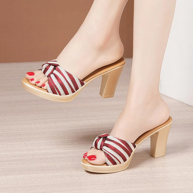 Big Size 32-43 Open Head Bow Stripe Slides Women Shoes Sumer 2022 High Heels Slippers Ladies Office Beach Slippers