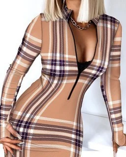 Dress Long Sleeved V-neck Zip Wrap Hip Plaid Stripe Tight Skirt | EGEMISS