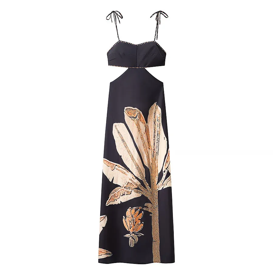 Nigikala Nigikala Bare Back Sling Dress Spring New Leisure Wind-Scared Belt Print Dress