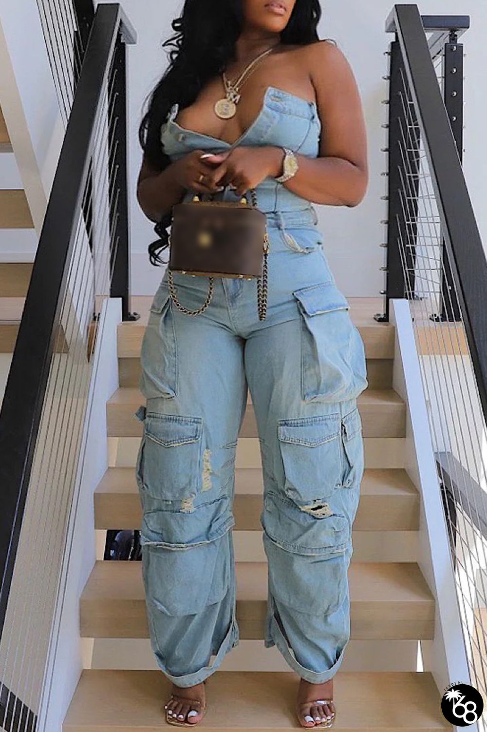 Light Blue Sexy Casual Solid Patchwork Backless Strapless Sleeveless Skinny Denim Jumpsuits | 168DEAL