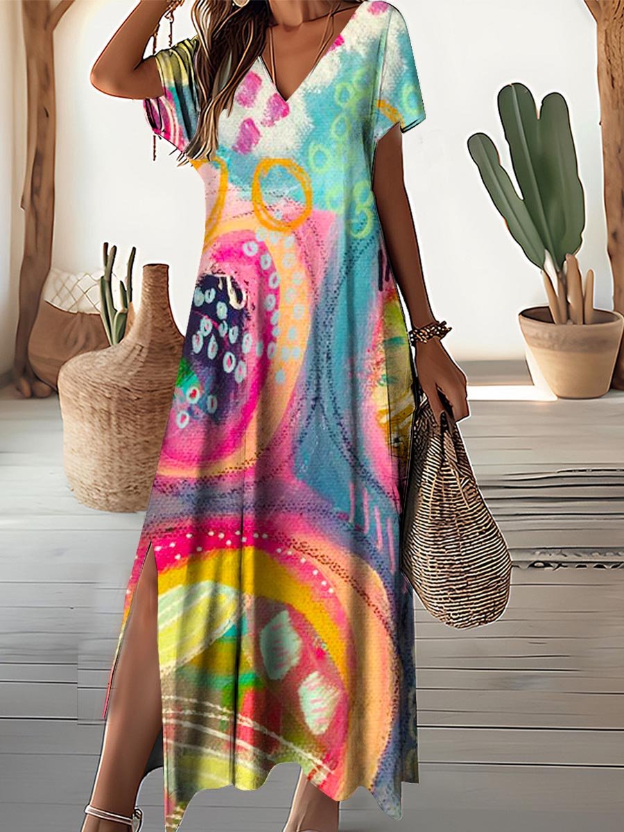 Women's Art Pattern Seaside Resort V-Neck Dress