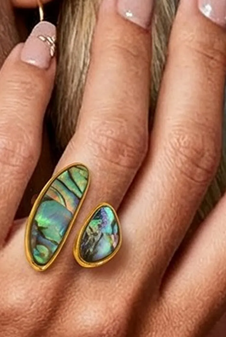 Stainless Steel Open Ring with Shell Motif Gold Tone Design