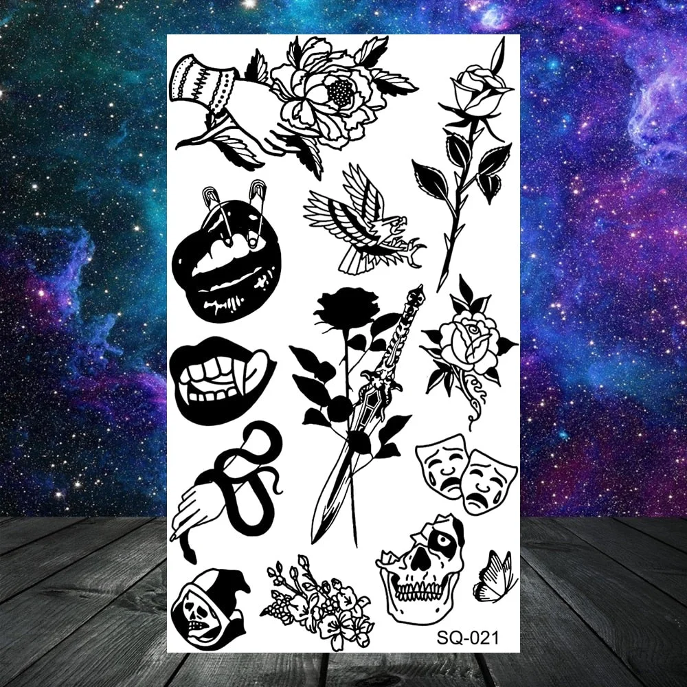 Pirate Anchor Rose Flower Temporary Tattoos For Women Adult Kids Lion Skull Dragon Snake Fake Tattoo Neck Arm Hands Small Tatoos