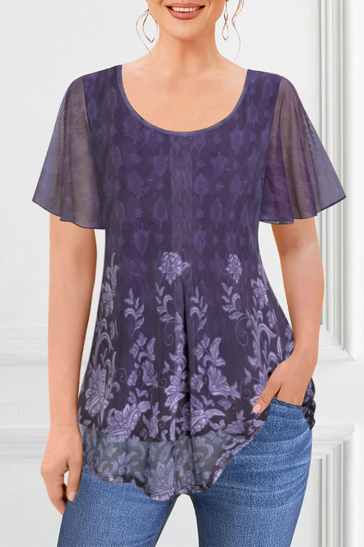Flycurvy Plus Size Casual Dark Purple Sheer Mesh Print Double Layer Ruffle Sleeve Blouse  Flycurvy [product_label]