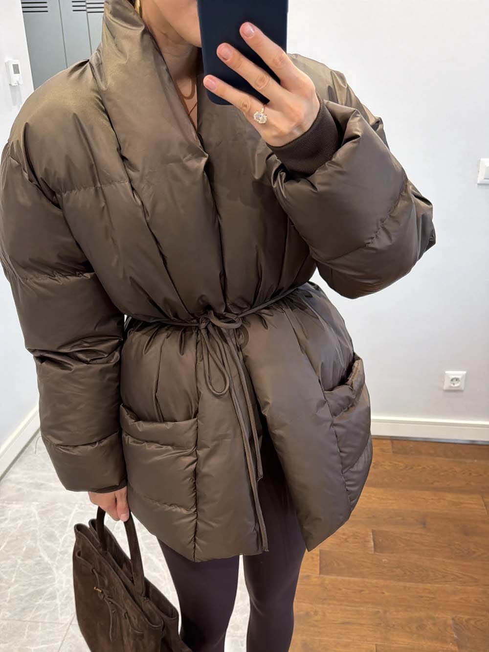 Fashion Pocket Fold-Over Puffy Lace-Up Coat