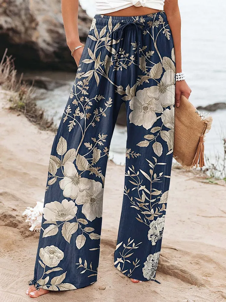 Women's Vintage Floral Art Printed Cotton And Linen Casual Pants