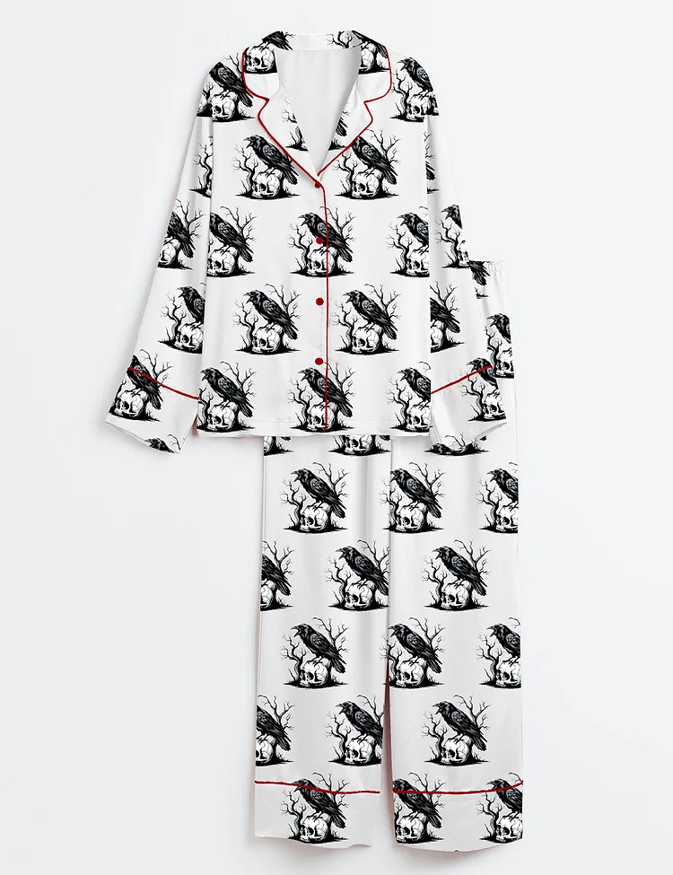 Women&rsquo;s F-Caw-F Funny Raven Retro Crow Gothic Crow Art Black Crow Long Sleeve Satin Pajama Set