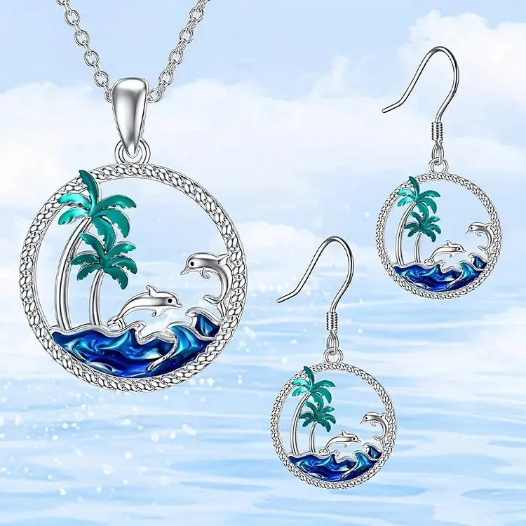 Summer Coconut Tree Dolphin Round Earrings
