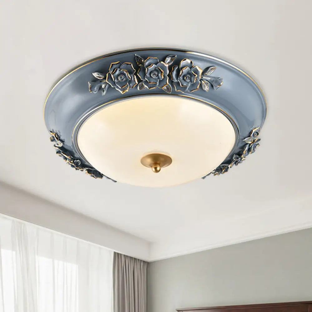 Ceramic Carved Rose Led Ceiling Lamp In Blue With White Glass Shade - Available 12&rsquo;/14&rsquo;/18&rsquo;