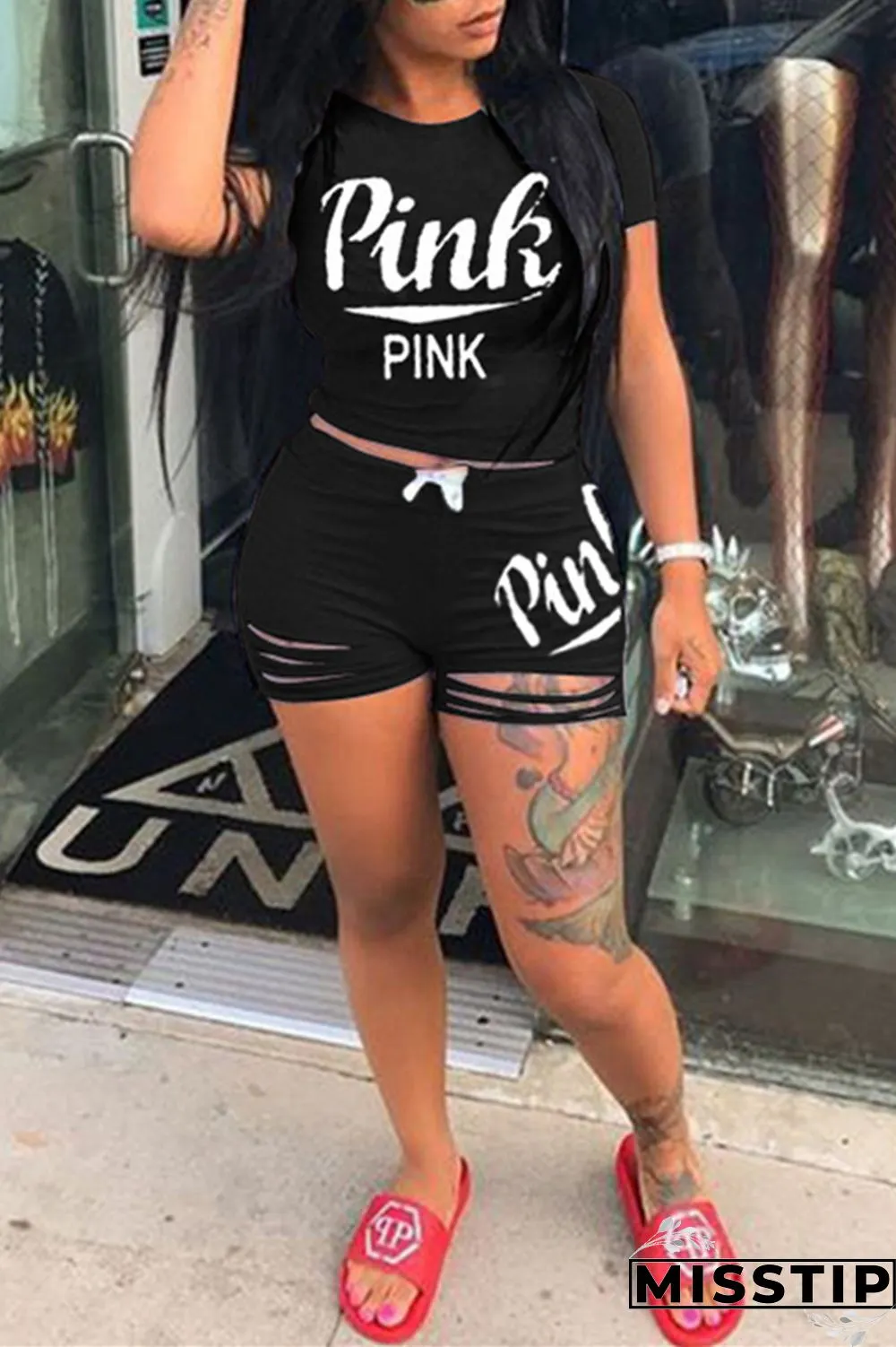 Pink Fashion Casual Letter Print Ripped O Neck Short Sleeve Two Pieces