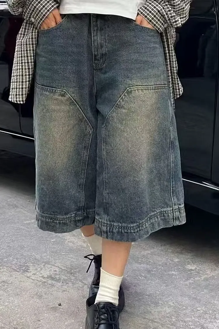 Vintage Wash Wide Leg Denim Shorts with Faded Effect and Pockets Loose Fit