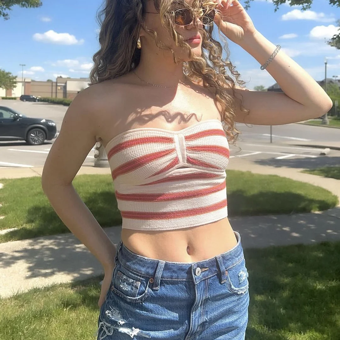 Uveng And Summer 2025 Explosion Women's Striped Net Color Sexy Hollow Bra Hair Weaving Vest