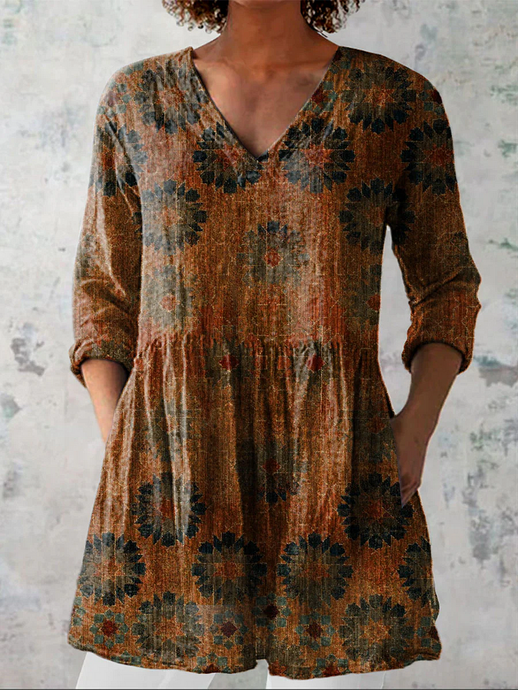Womens Modern Art Retro Pattern Casual Linen V-Neck Shirt