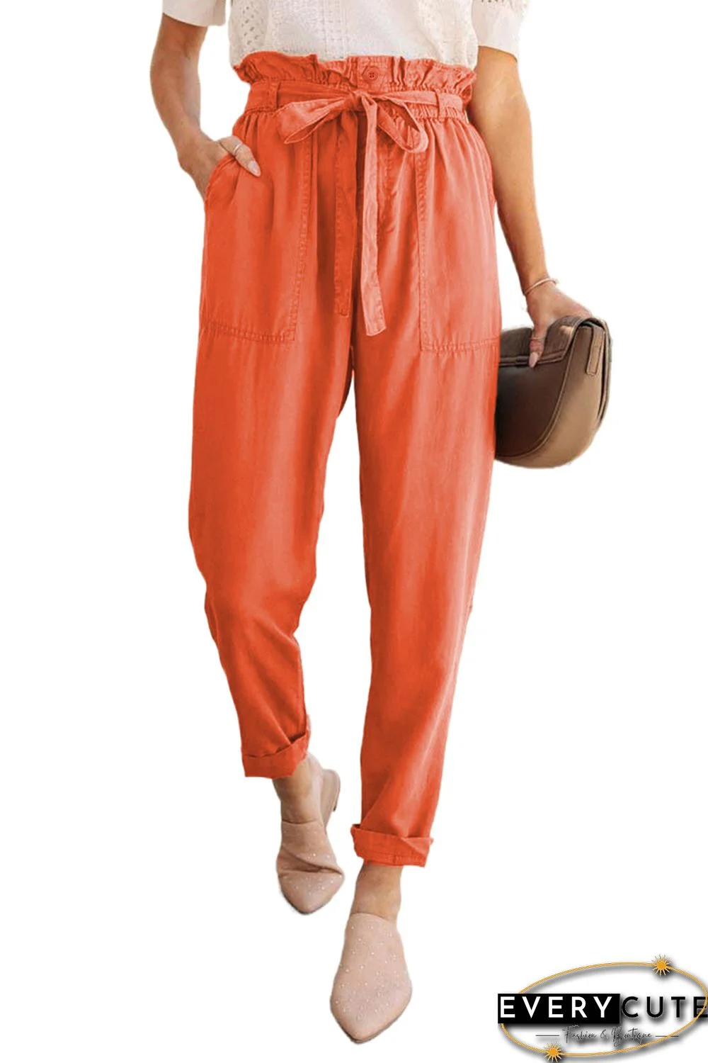 Orange Paper Bag Elastic Waistband Casual Pants