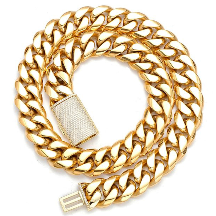 18K Gold Stainless Steel Inlaid Zircon Buckle Cuban Link Chains