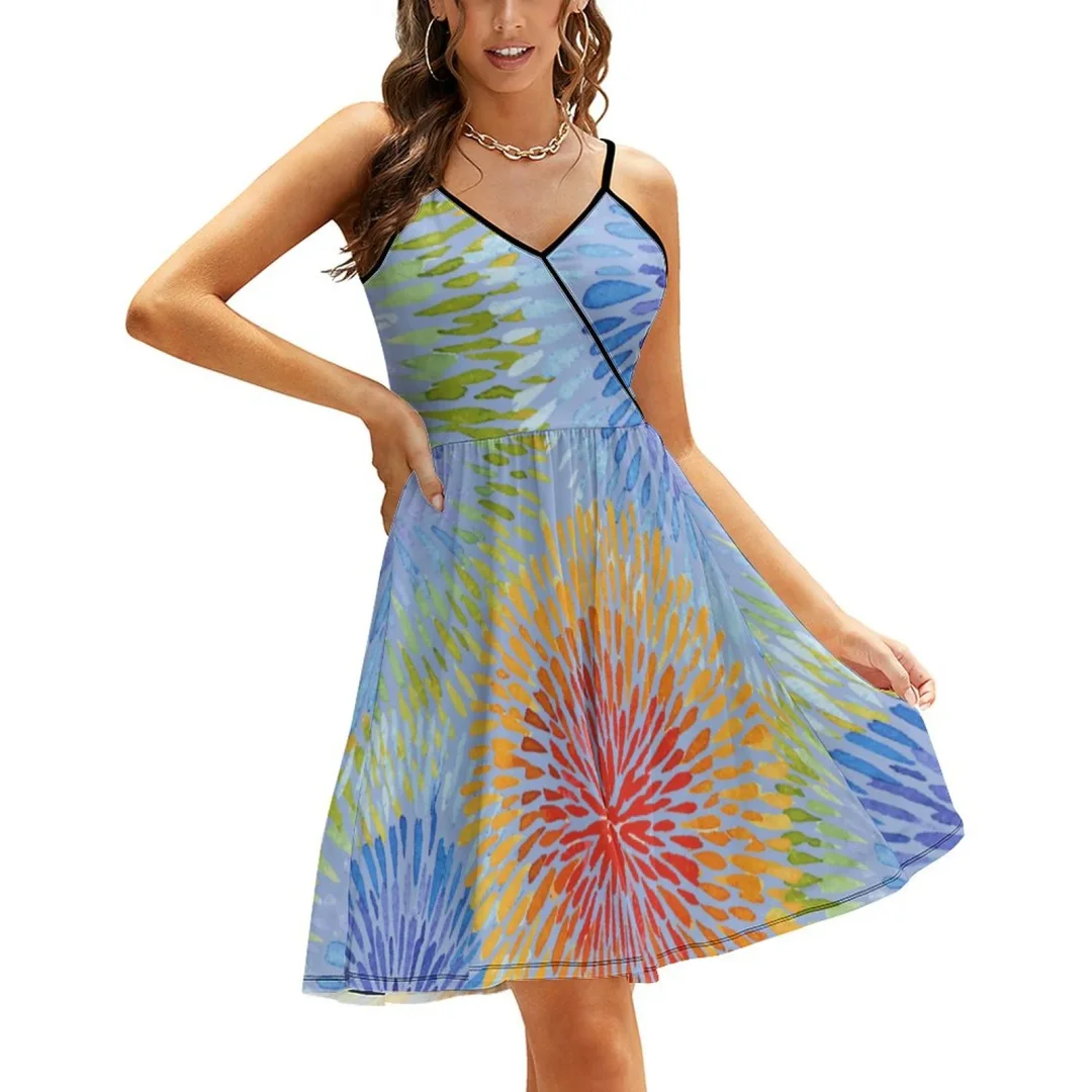 Tie Dye Rainbow Camisole Women's Sling Dress Casual V-Neck Party Beach Strap Dresses