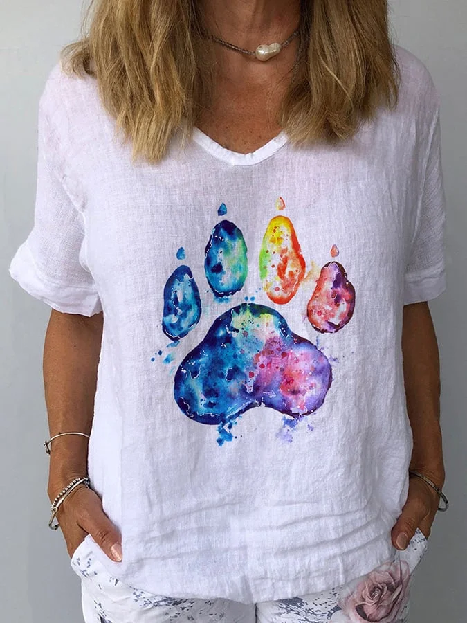 Women's Watercolor Dog Paw Print Cotton Linen Shirt