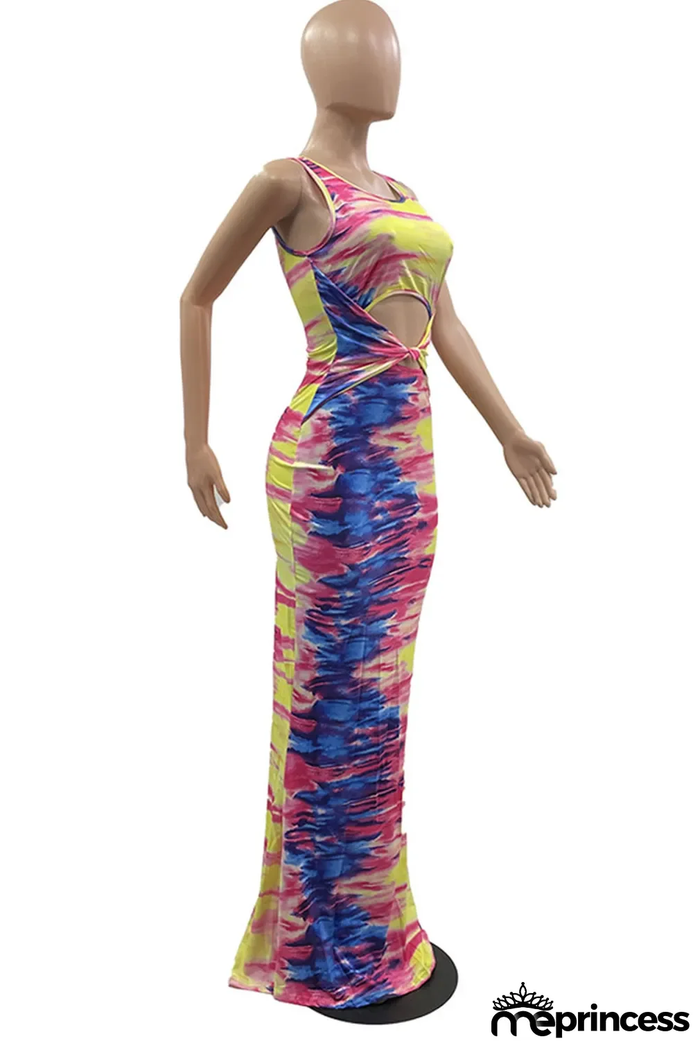 Multicolor Sexy Print Hollowed Out Patchwork O Neck One Step Skirt Dresses