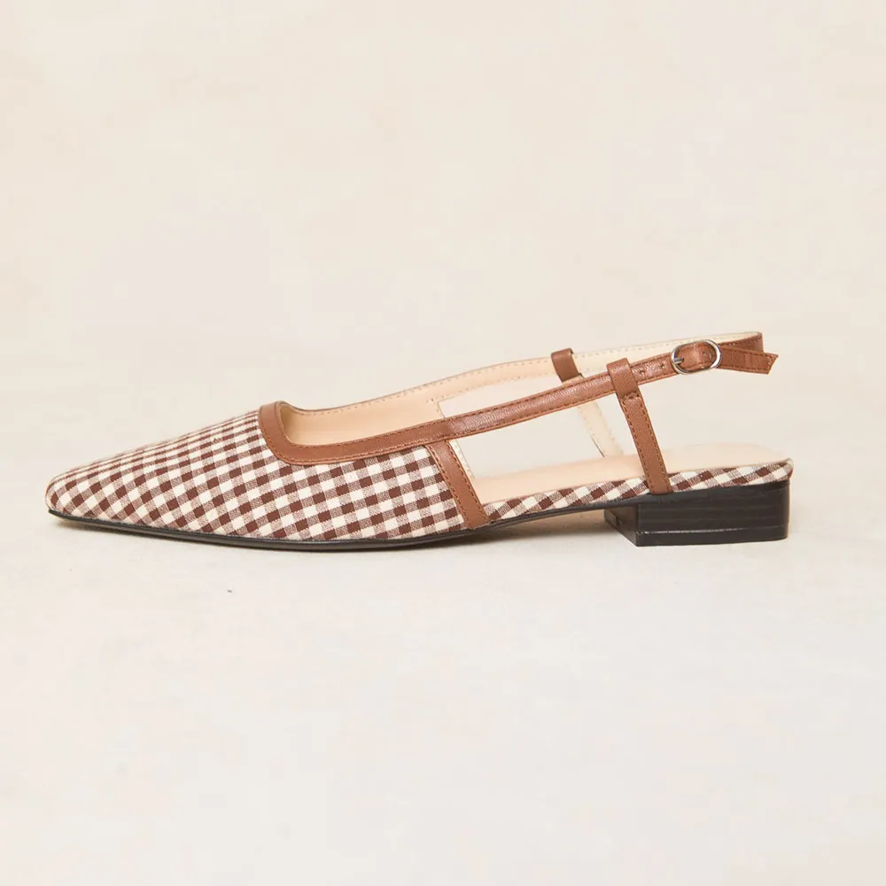 Brown & White Plaid Square Toe Slingback Flat Shoes for Women