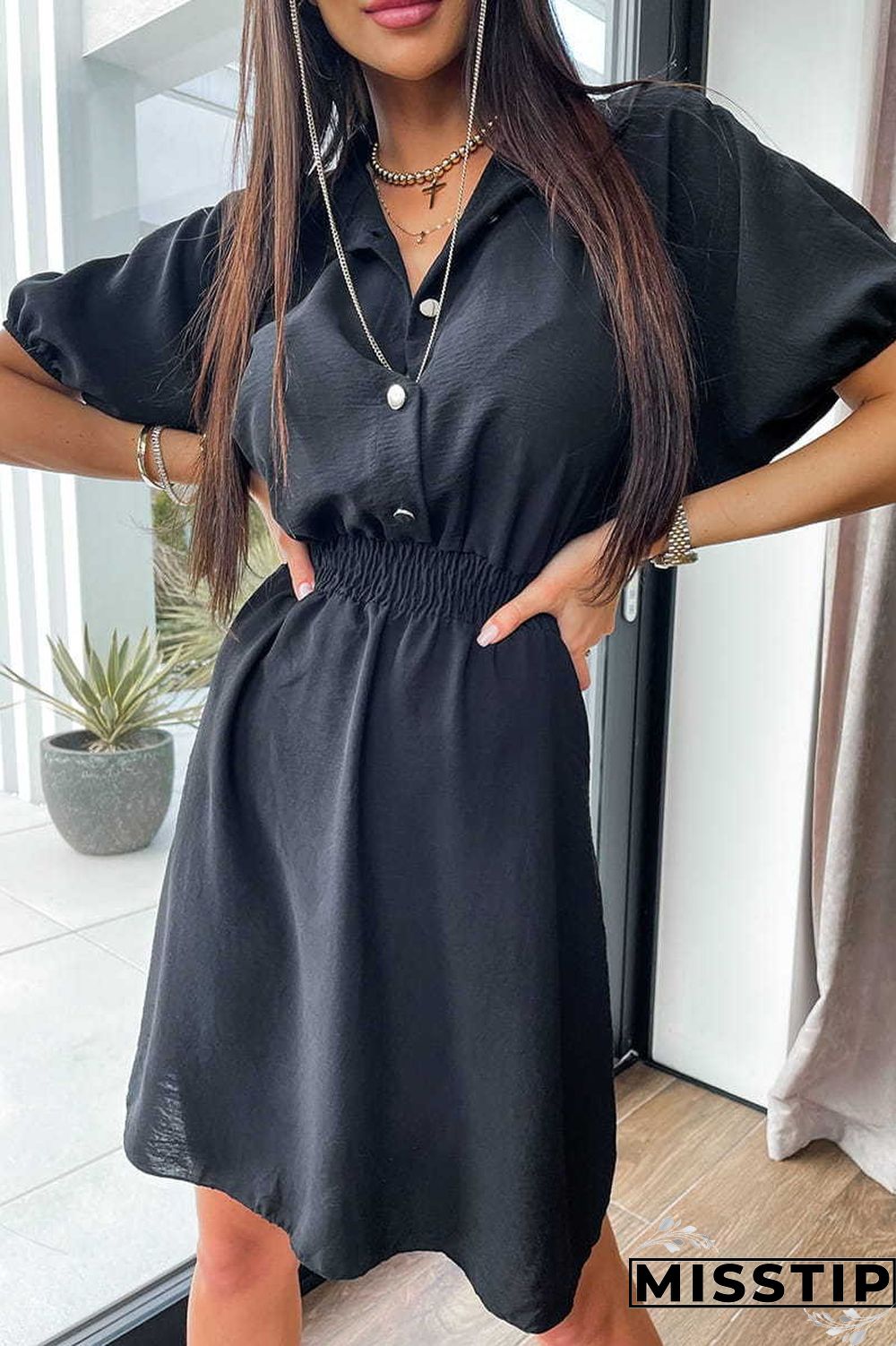 Brown Casual Solid Patchwork Turndown Collar Short Sleeve Dress